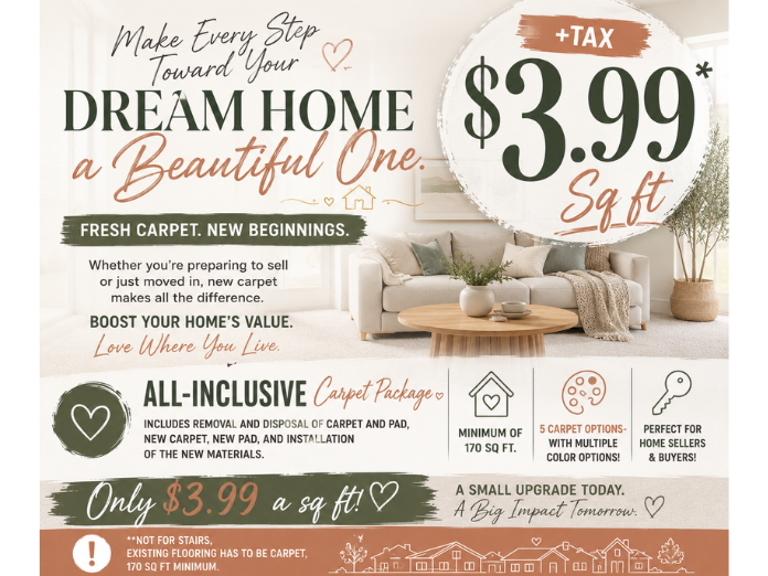 Transform your home with our all-inclusive carpet package for just $3.99 per square foot + tax.